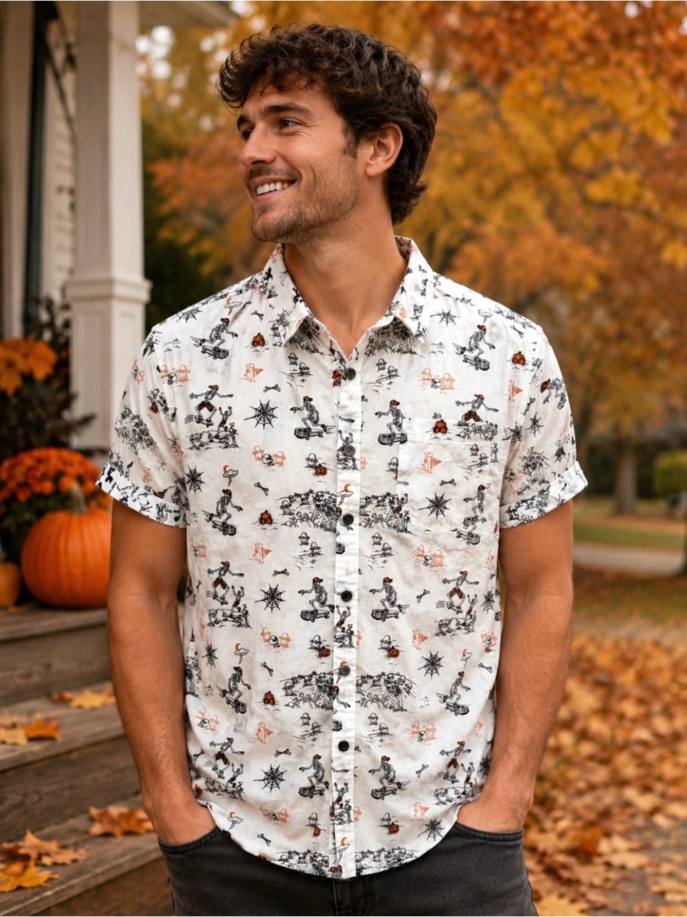 Eighth Avenue Skeleton & Bones Men’s Halloween Fall Button Up Shirt